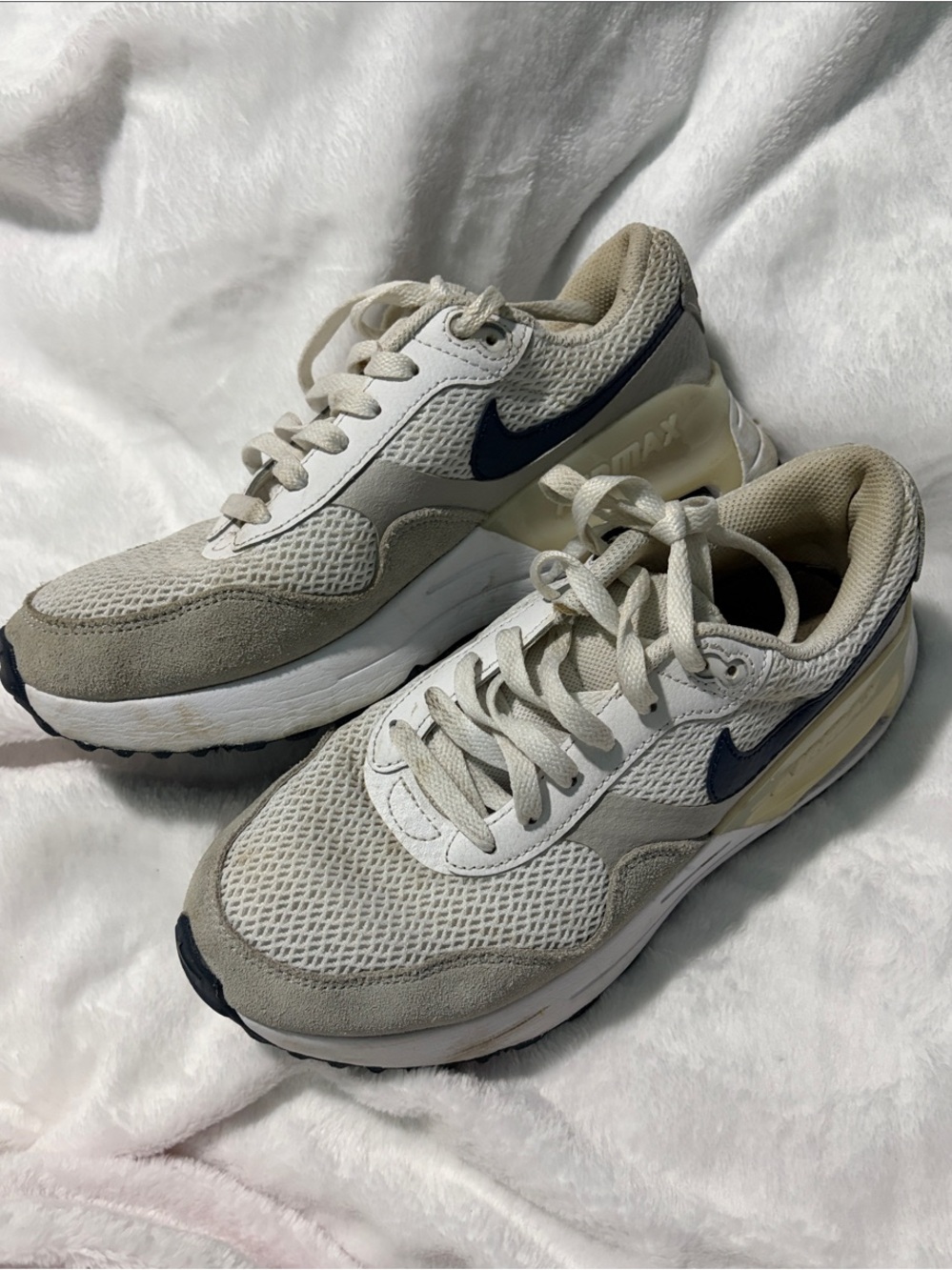 Nike Women's Cream and Navy Mesh Suede Retro Sneakers